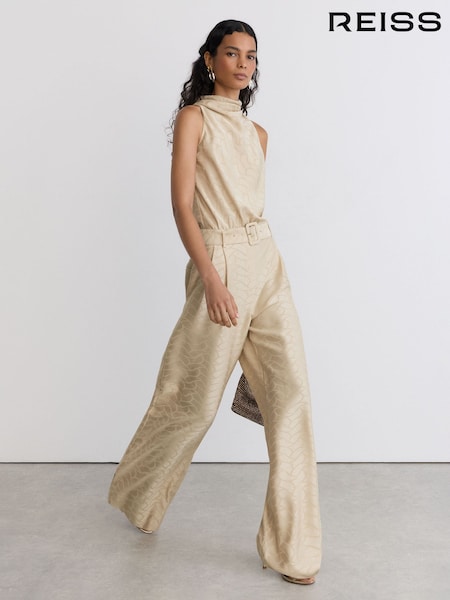 Champagne Neutral - Reiss Erin Jacquard Cowl-neck Belted Jumpsuit