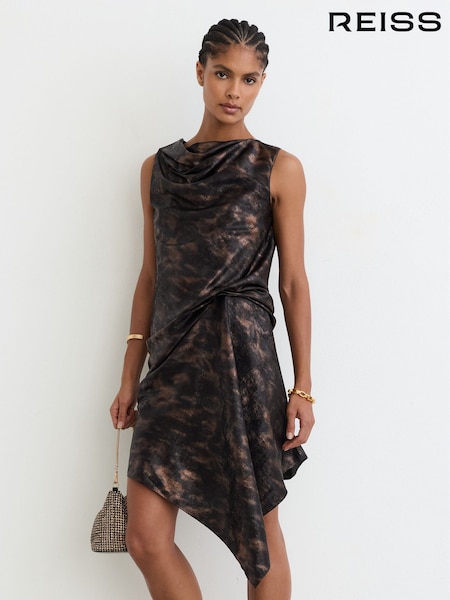 Black/Gold - Reiss Cass Metallic-thread Printed Draped Mini Dress