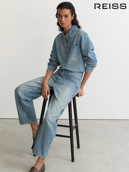 Hellblaue Waschung - Reiss Mahni Relaxed Long-sleeve Denim Jumpsuit