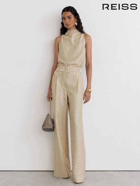 Champagne Neutral - Reiss Erin Jacquard Cowl-neck Belted Jumpsuit