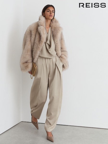 Champagne Neutral - Reiss Dia Jacquard Pleated Tapered Trousers
