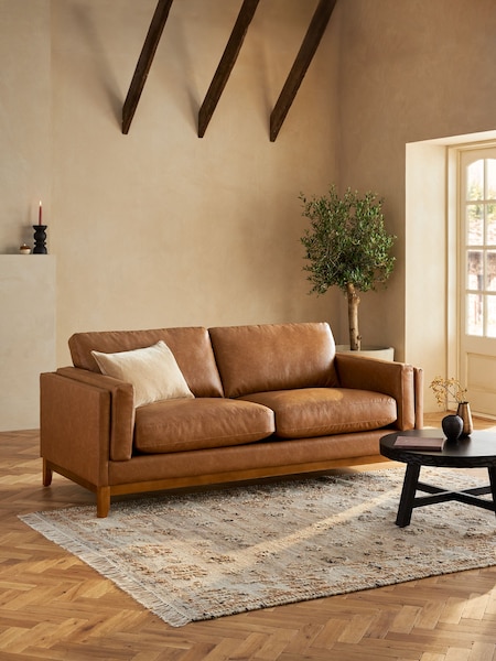Vintaged Faux Leather Light Brown Bennett Wooden 3 Seater Sofa (K95624) | €1,175