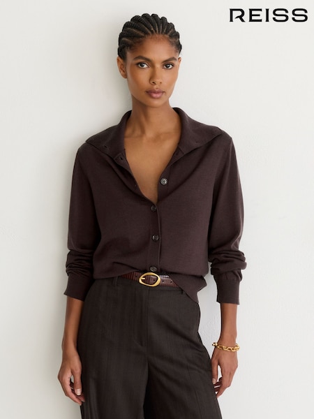 Grape Burgundy - Reiss Gale Merino Wool Collared Cardigan
