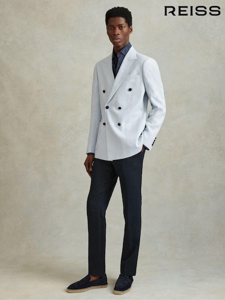 Reiss Soft Blue Kin Double Breasted 100% Linen Slim Fit Blazer (K95870) | 2,411 QAR