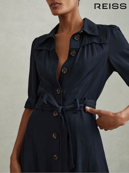 Reiss Navy Malika Petite Belted Cap Sleeve Midi Dress With Linen (K95904) | AED1,354