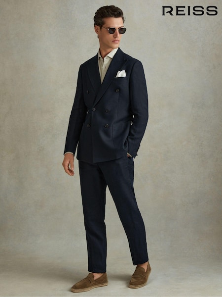 Reiss Navy Kin Double Breasted 100% Linen Slim Fit Blazer (K95915) | €245