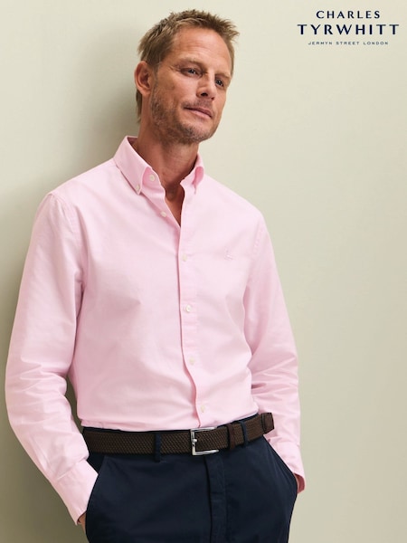 Pink - Slim Fit Charles Tyrwhitt Plain Button-down Stretch Washed Oxford Shirt