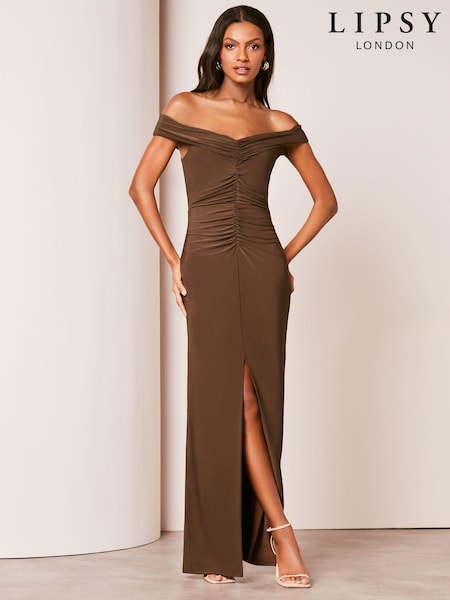 Коричневый - Lipsy Bardot Ruched Front Maxi Dress (K96102) | €22