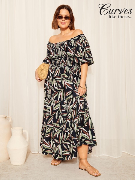 Negru palmier - Curves Like These Printed Shirred Rochie lungă (K96118) | 233 LEI