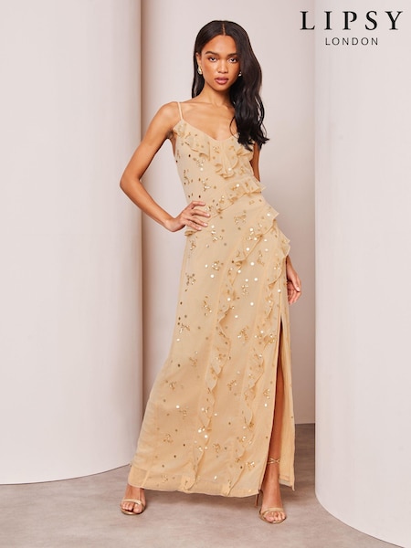 Lipsy Champagne Gold Sequin Ruffle Cami Summer Maxi Dress (K96138) | €22