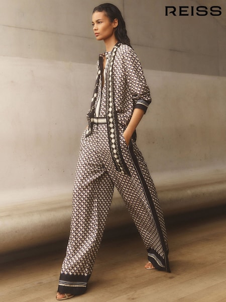 Tamsiai mėlyna/auksinė - Reiss Carmine Scarf-print Wide-leg Trousers