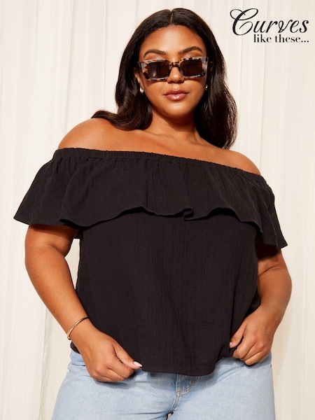 Curves Like These Black Linen Look Bardot Top (K96423) | 74 QAR