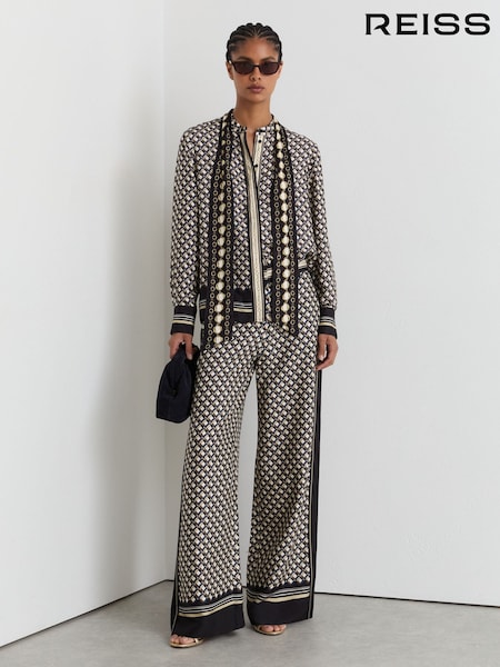 Navy/Gold - Reiss Carmine Scarf-print Wide-leg Trousers