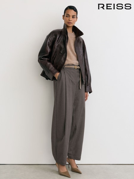بني فاتح محايد - Reiss Phae Pinstripe Pleated Barrel-leg Trousers