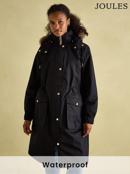 Musta - Joules Harpsden Cosy Waterproof Fleece Lined Raincoat With Faux Fur Hood (K96518) | €313