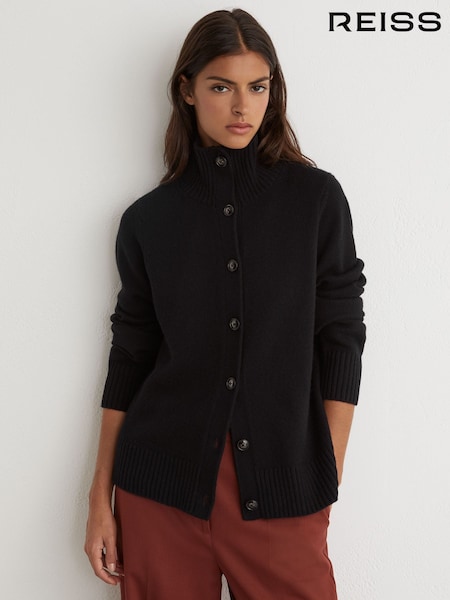 Negro - Reiss Charly Wool-cashmere Funnel-neck Cardigan