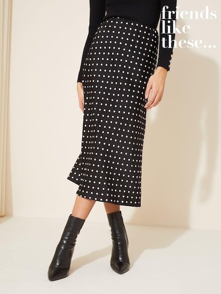Curves Like These Black Polka Dot Satin Bias Midi Skirt (K96830) | €10