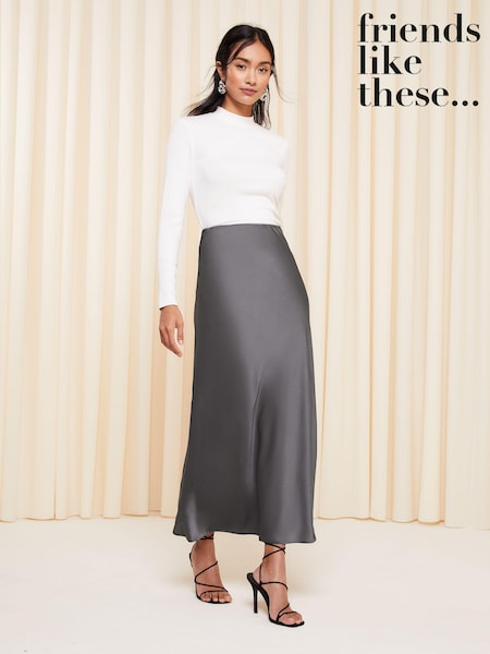Friends Like These Grey Petite Satin Bias Cut Maxi Skirt (K96843) | AED123