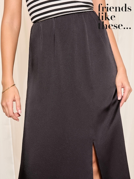 Friends Like These Black Split Front Midi Satin Skirt (K96858) | €34
