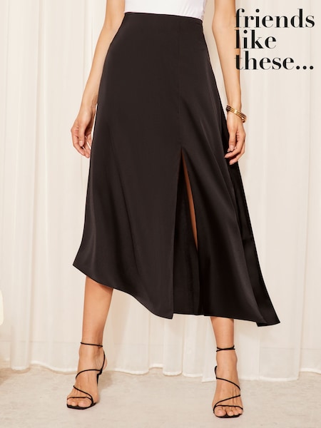 Negru - Friends Like These Asymetrical Satin Midi Fuste (K96860) | 125 LEI