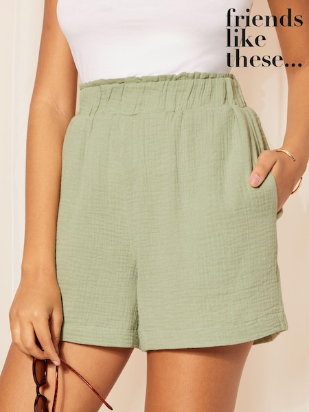 Friends Like These Green Textured Crinkle Cotton Shorts (K96862) | €19