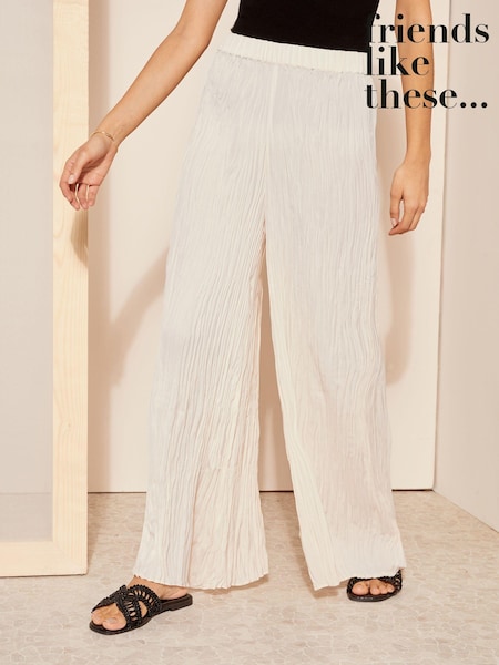 Cream - Friends Like These Crushed Material încrețit Satin Evazat Elasticated Pantaloni (K96868) | 136 LEI