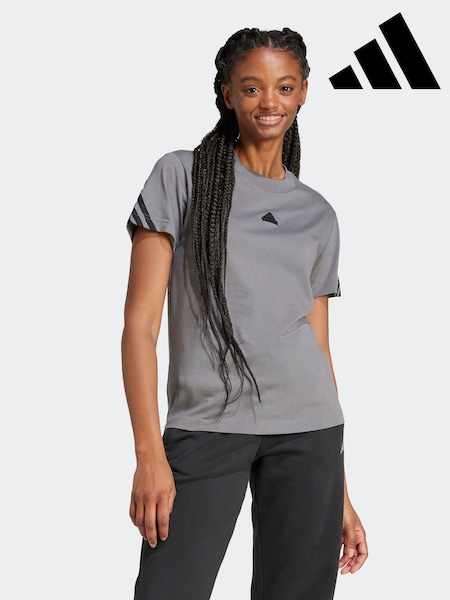 adidas Grey Future Icon 3 Stripe 100% Cotton T-Shirt (K96925) | €16