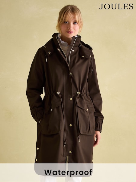 Joules Harpsden Brown Waterproof Long Raincoat with Hood (K97286) | $272
