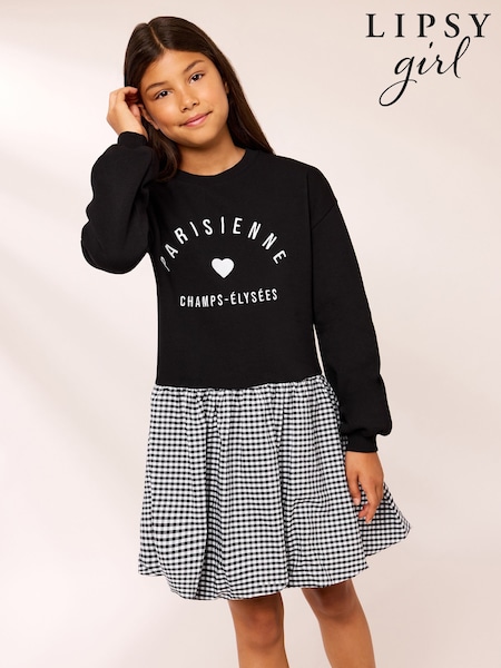 Black - Lipsy Paris 2-in-1 Gingham Sweat Dress (5-14yrs)