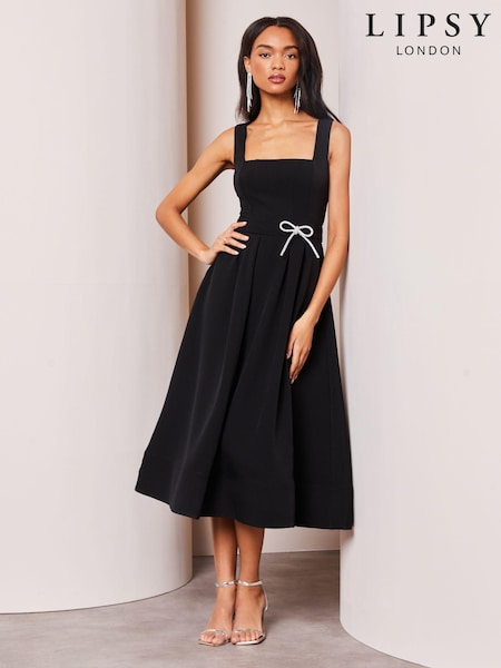 Lipsy Black Premium Diamante Bow Belt Midi Dress (K97713) | €117