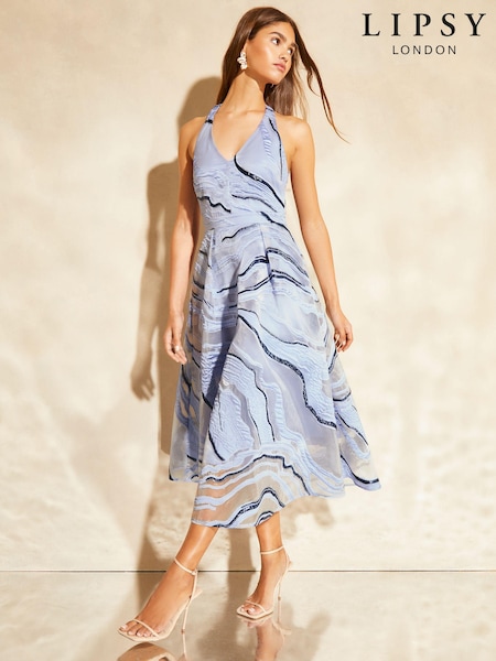 Lipsy Navy Blue Premium Halter V Neck Prom Jaquard Midi Dress (K97722) | 332 QAR