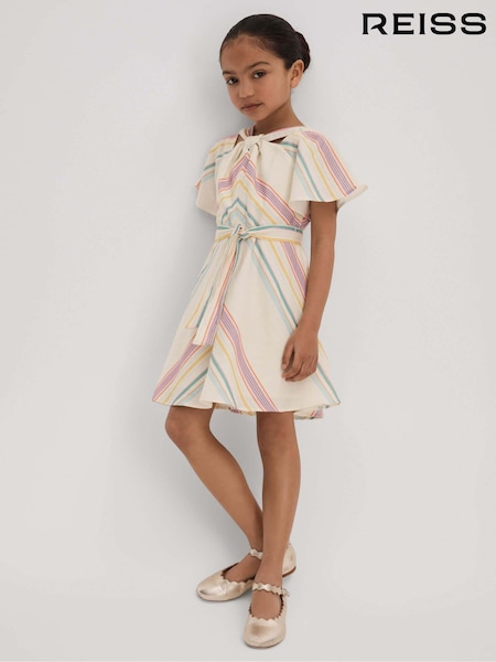 Reiss Ivory Kitty 4-9 yrs Linen Cotton Knot Detail Dress (K97810) | AED468