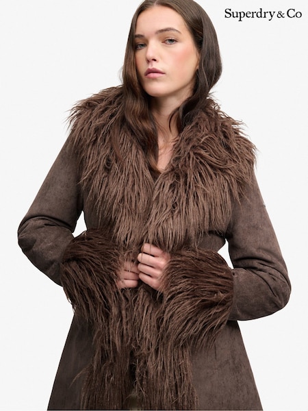 Brown - Superdry Long Afghan Coat