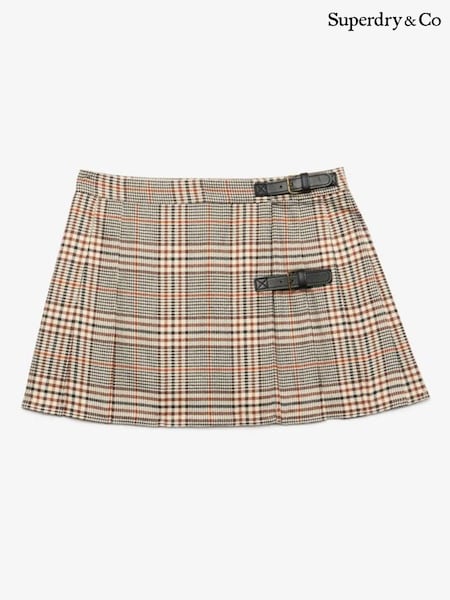 Brown - Superdry Check Pleated Skirt With Buckle Detail