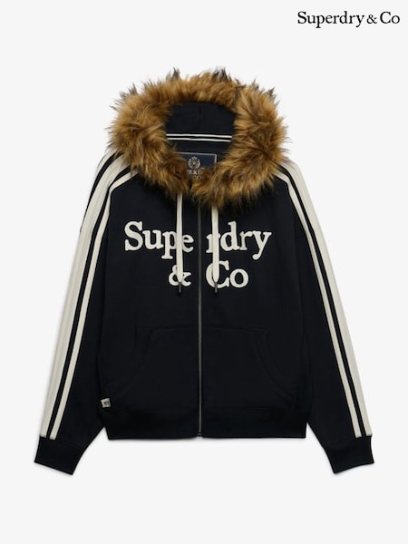 Blue - Superdry Vintage Fur Applique Logo Zip-through Hoodie