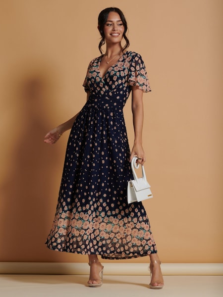 Laivasto Sininen - Jolie Moi Mirrored Mesh Angel Sleeve Maxi Dress (K98079) | €140