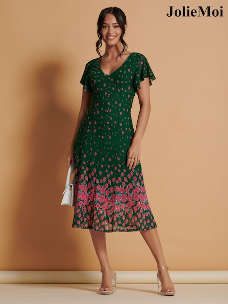 Jolie Moi Green Mirrored Mesh Fit & Flare Midi Dress (K98112) | € 43