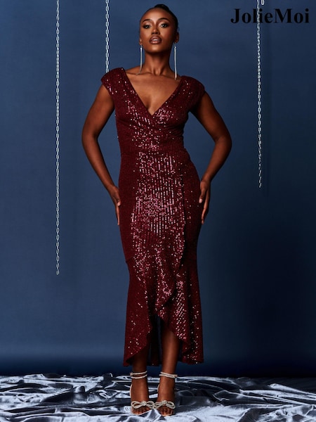 Jolie Moi Red Sequin Wrap Fishtail Maxi Dress (K98119) | €58