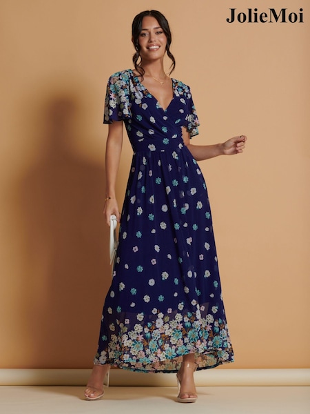 Jolie Moi Blue Mirrored Angel Sleeve Mesh Maxi Dress (K98140) | €113