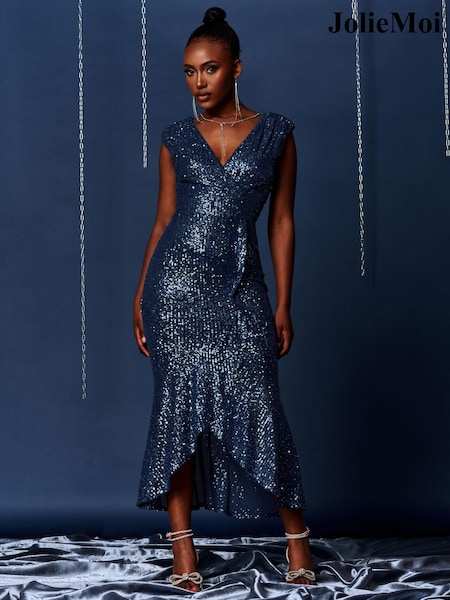 Jolie Moi Blue Sequin Wrap Fishtail Maxi Dress (K98144) | €58