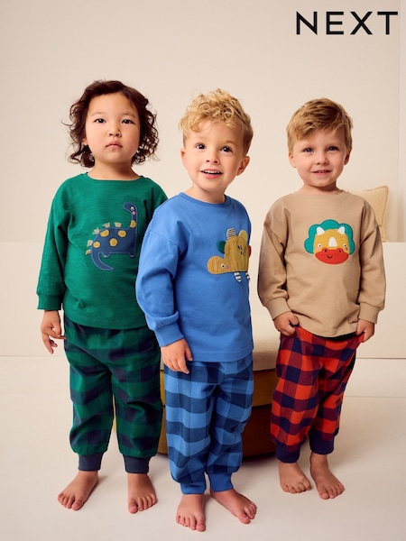 Diseño de dinosaurio en verde/naranja/azul - Check Woven Bottom Pyjamas 3 Pack (9mths-8yrs) (K98565) | 44 € - 53 €