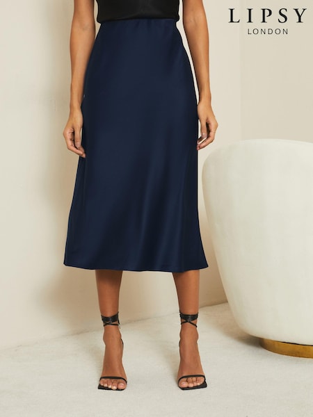 Lipsy Navy Blue Satin Bias Cut Midi Skirt (K98594) | AED70