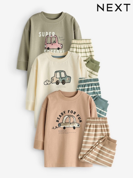 Neutral/Sage Green Transport 3 Pack Oversized Pyjamas (9mths-10yrs) (K98606) | 90 QAR - 110 QAR