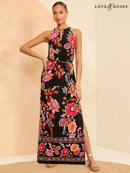 Love & Roses Halter Neck Trim Detail Jersey Maxi Dress (K98707) | 175 LEI