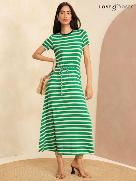 Verde - Rochie midi tip tricou Jerseu Love & Roses Cu curea Dungă (K98720) | 157 LEI