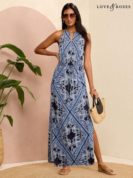 Love & Roses Blue Paisley Halter Neck Trim Detail Jersey Maxi Dress (K98723) | €13