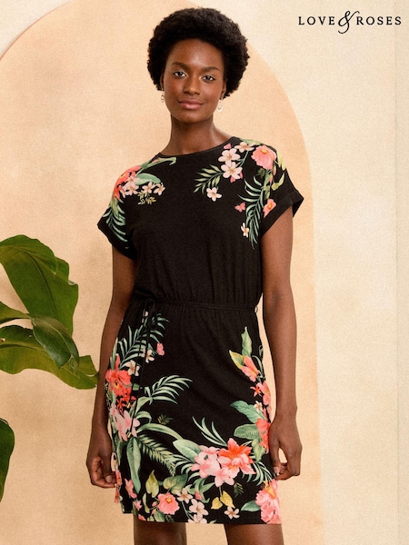 Negru cu flori - Rochie mini tip tricou Love & Roses Tricou la baza gâtului Jerseu (K98729) | 139 LEI