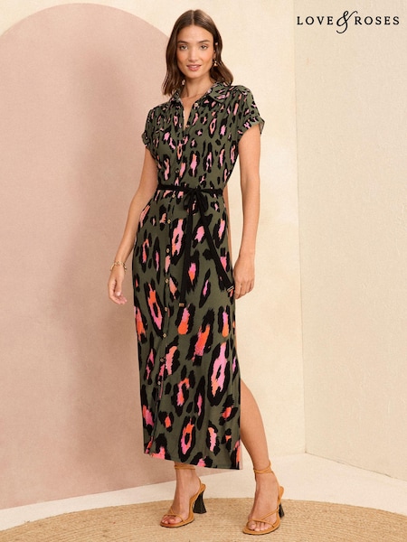 Animal verde kaki - Rochie midi tip cămașă Cu nasturi Love & Roses Jerseu (K98733) | 184 LEI