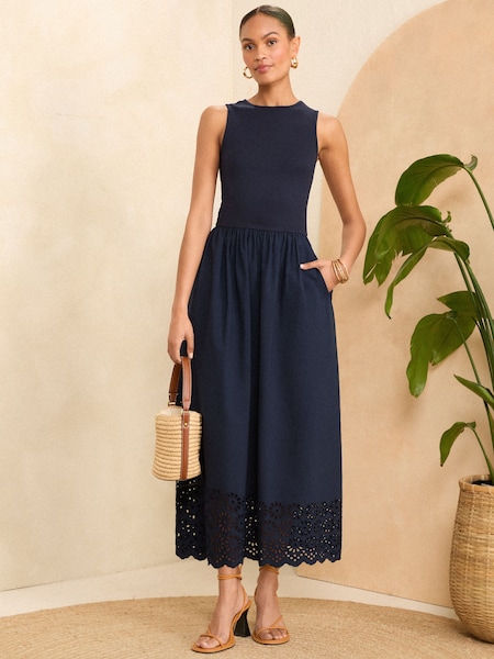 Bleumarin albastru - Love & Roses Jersey Bumbac Mix Broderie Fusta Midi Rochie (K98753) | 184 LEI