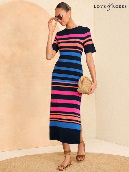 Love & Roses Blue & Pink Midi Jersey T-Shirt Dress (K98755) | €31